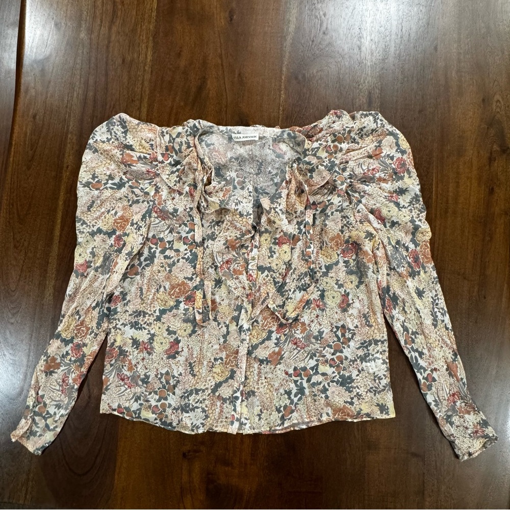 Ulla Johnson Floral Ruffle Tie-Neck Blouse in Cream, Rust & Navy
